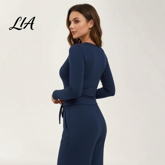 Breathable Matching Sets Women Top Pants Set for Spring Fall, Slim Fit Crewneck Sweatshirt, Everyday Wear Suit Elastic Waist Loose Wide