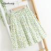 Spring Summer Women Fresh Short Skirt Elastic Waist Floral Print A-Line Skirt Elegant Sweet Cotton Linen Feminine Skirts Womens