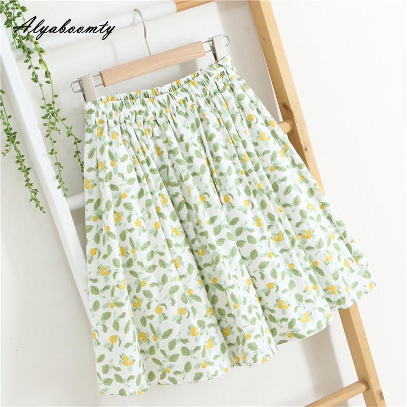 Spring Summer Women Fresh Short Skirt Elastic Waist Floral Print A-Line Skirt Elegant Sweet Cotton Linen Feminine Skirts Womens