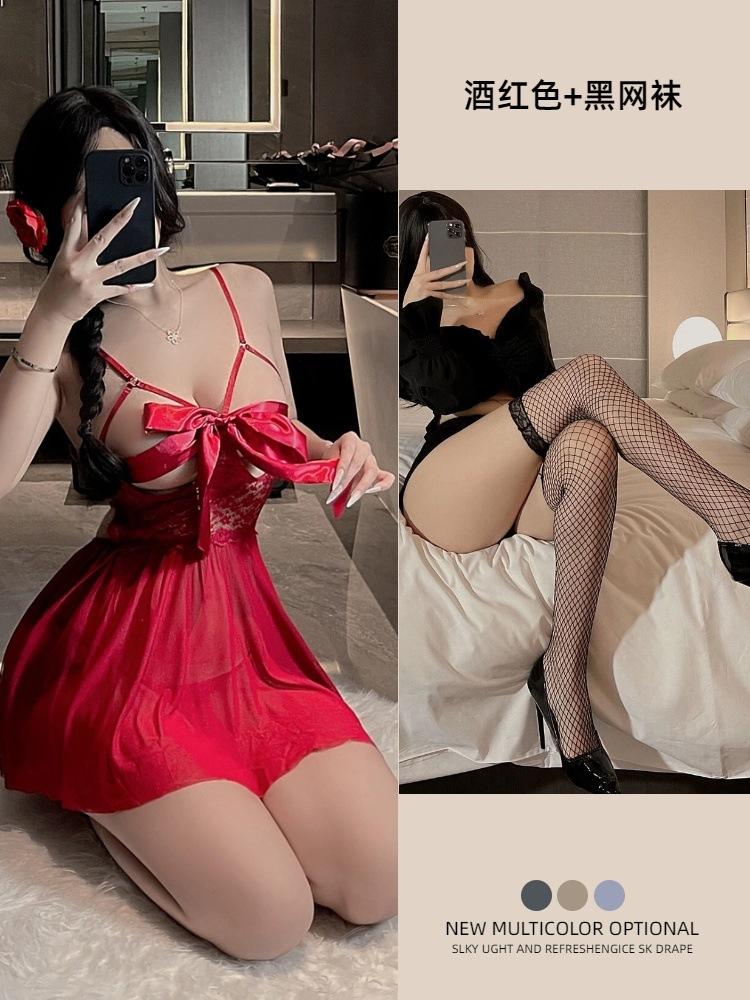 Strap milk leakage lingerie women's sexy suspender skirt large size bow princess wind mesh