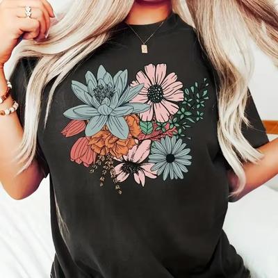 Camiseta de Cuello Redondo con Estampado de Flores Camiseta Casual de Manga Corta Para Verano Ropa de Mujer Estampado Casual Calle Camisa de Señora