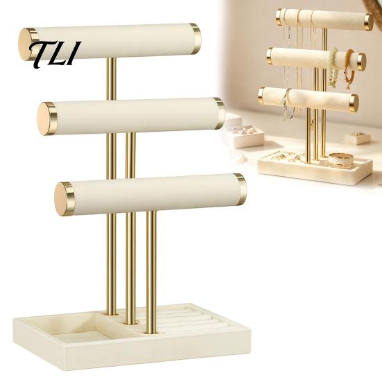 Desktop Jewelry Holder 3 Tier Velvet Organizer, T-shaped for Bracelet, Display Necklaces Rings, & Earrings, Stand with Storage Tray Non-slip