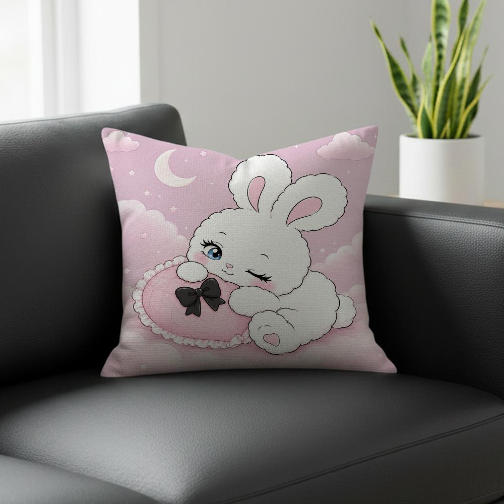 Character Pink Rabbit Cushion Cover Natural Linen Pillowcase Set AllinOne Decor for Sofa Bedroom Chair