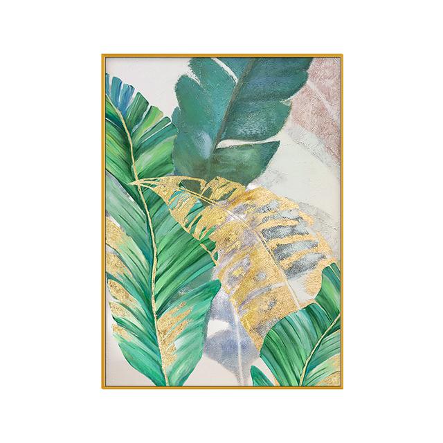 Abstraktes grünes Blatt-Ölgemälde, Stickerei, Blume, goldene Blume, Leinwand-Poster, Portikus-Wanddekoration