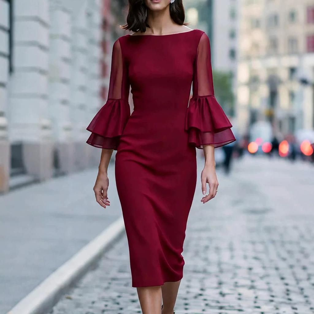Damen schulterfreies farbiges eng anliegendes Kleid mit doppellagigen ausgestellten Ärmeln für formelle Party