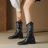 Retro square head embroidery thick heel western boots low heel medium boots autumn and winter new women's boots large size boots