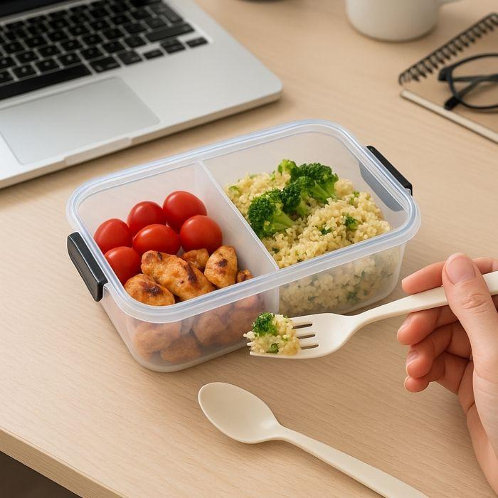 Lancheira de Plástico - Sem BPA - 1L - 2 Compartimentos - Talheres Incluídos - Micro-ondas & Lava-louças