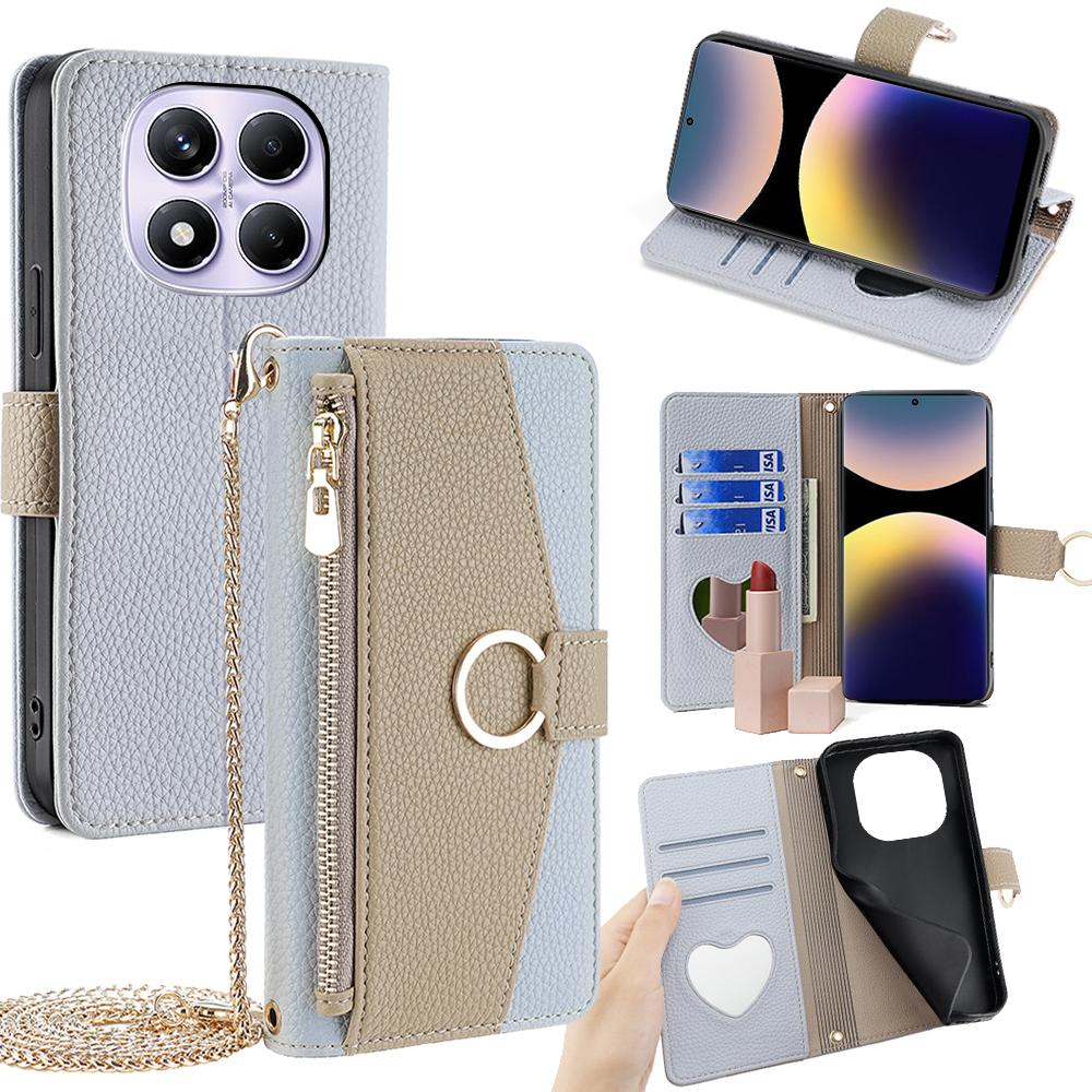 

For Xiaomi Redmi Note 14 Pro 4G Case Mirror Wallet Leather Phone Cover with Chain Shoulder Strap D