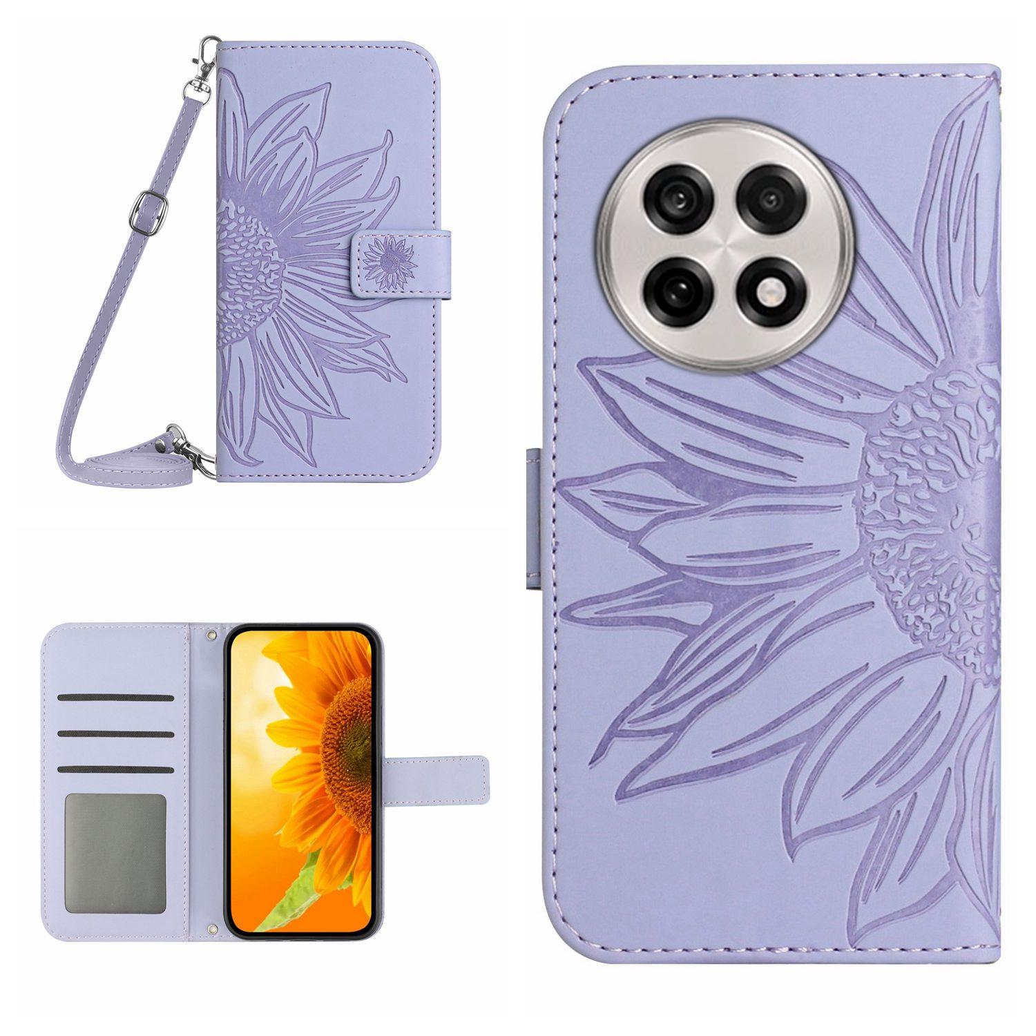 

For OnePlus 13R 5G Case Sunflower Imprint PU Leather Phone Cover with Long Strap A
