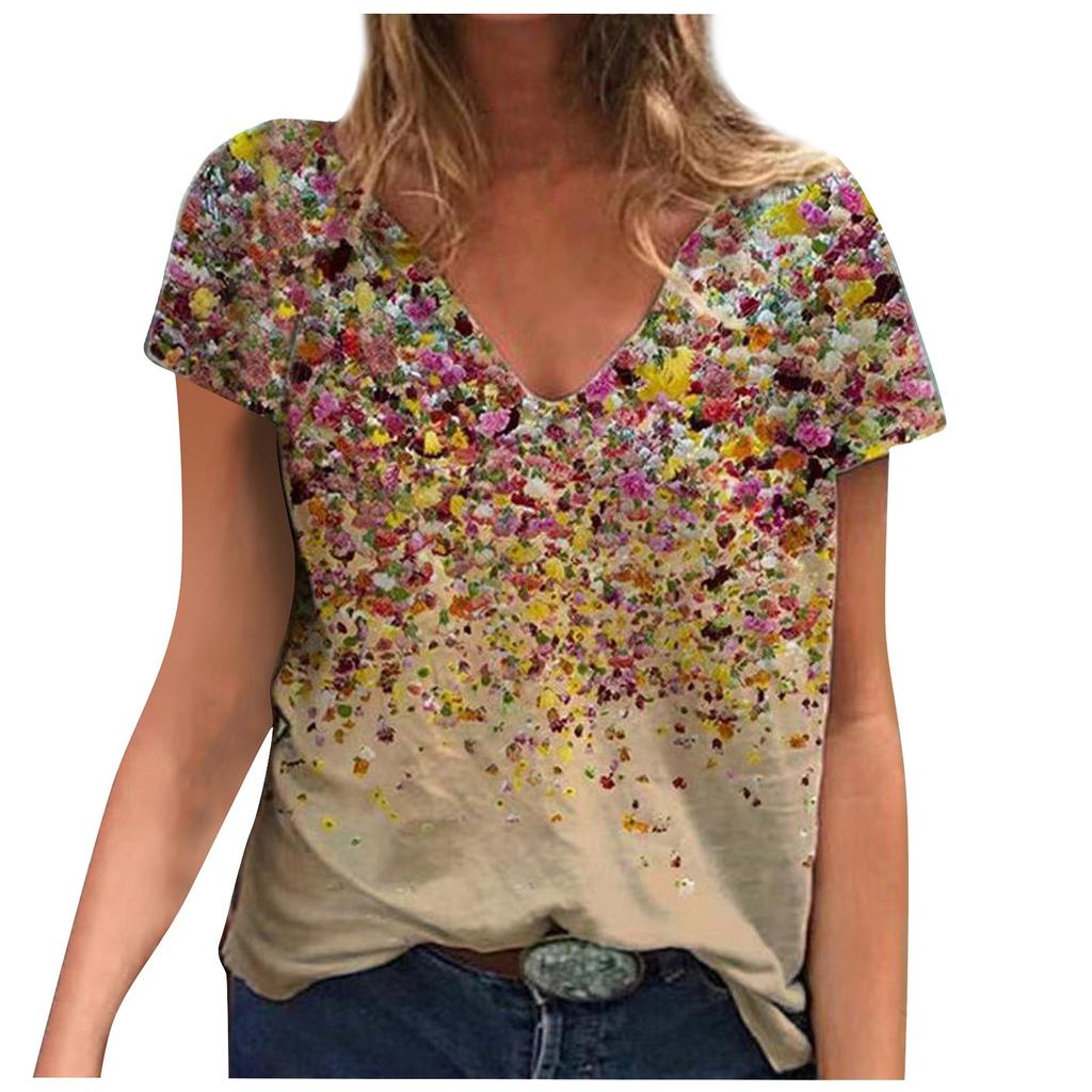 Women's Fashion Casual Plus Size Scenic Flowers Printing Round Neck T-Shirt Tops