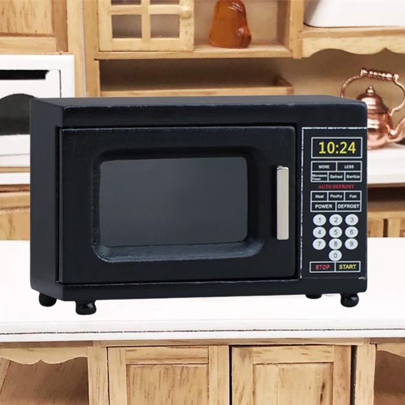 Wooden Dollhouses Microwave Toy For Kids Adults Realistic Kitchen Decors In Black 1/12 Scale Design