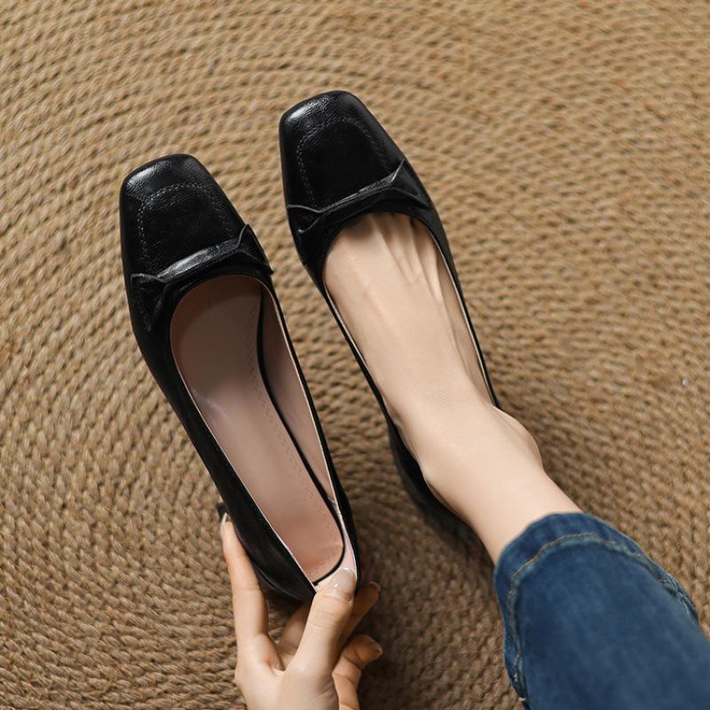 Casual Four-season Wear Single Shoes, Medium Heel, Square Heel, Rubber Low-top Shoes, One Pedal, Square Head, New Women's Small Leather Shoes