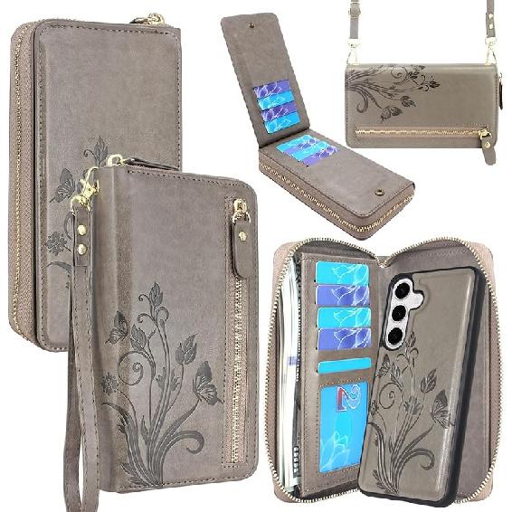 Lacass for Samsung Galaxy S25+ Plus Wallet Case,Crossbody Dual Zipper Detachable Magnetic Leather Wallet Case Cover Wristlets Wrist Strap 13 Card Floral Gray