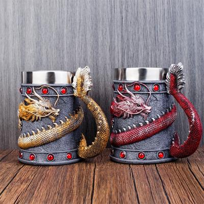 Dragon Coil Beer Mug 3D Resin Stainless Steel With Dragon Tail Handle Red Gold Dragon Coffee Wine Cup Holy Grail Christmas Gift