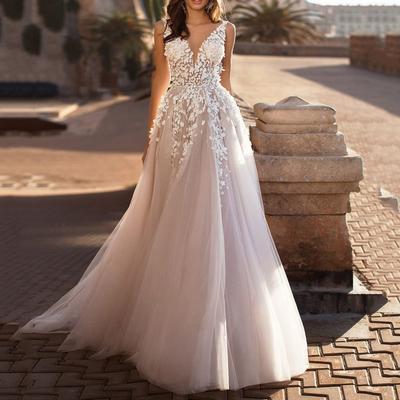Summer New European and American Women's Clothing Sexy Lace Dress Sleeveless Deep V-neck Wedding Dress Embroidered, Long Dress