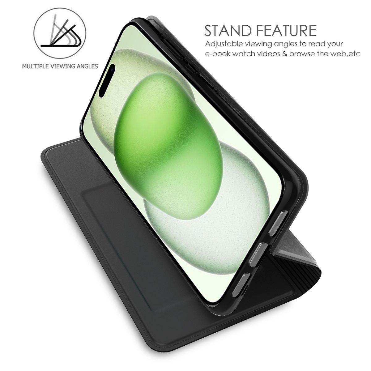 

For iPhone 16 Plus Case Card Slot Stand Strong Magnetic Closure PU Leather Phone Cover Black