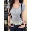 Pure desire sexy slim-fit lace splicing hem short-sleeved T-shirt women's summer folds pinch waist inner small top