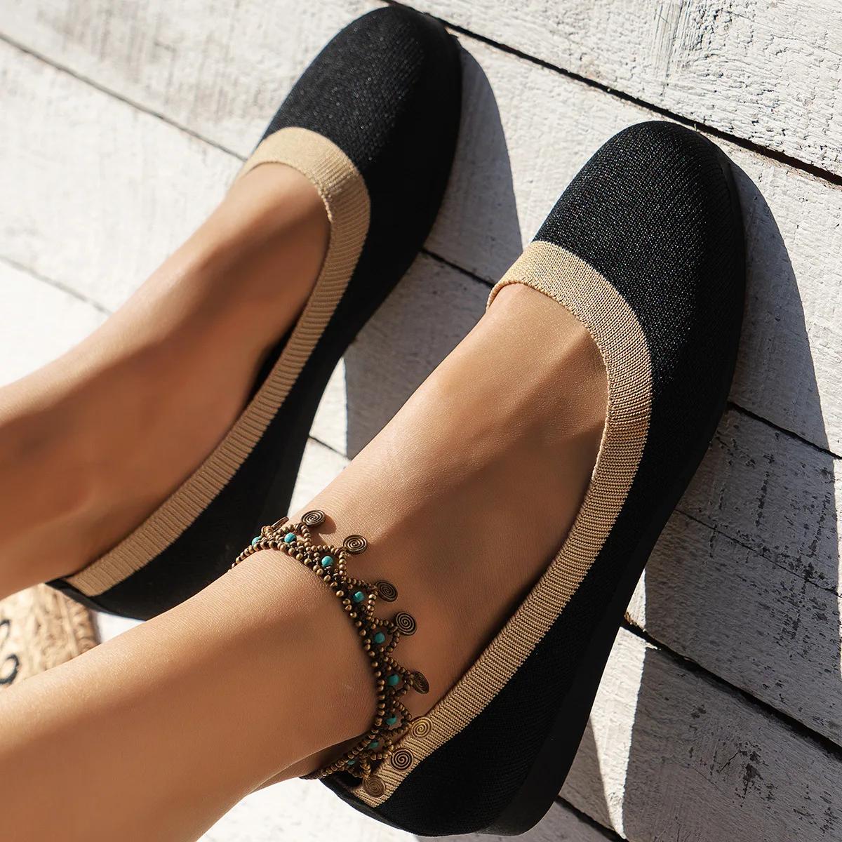 

Модные новые летние туфли на плоской подошве для женщин, модные мокасины с круглым носком, неглубокие босоножки 2024 года, дышащие повседневные туфли без застежек 36 чёрный