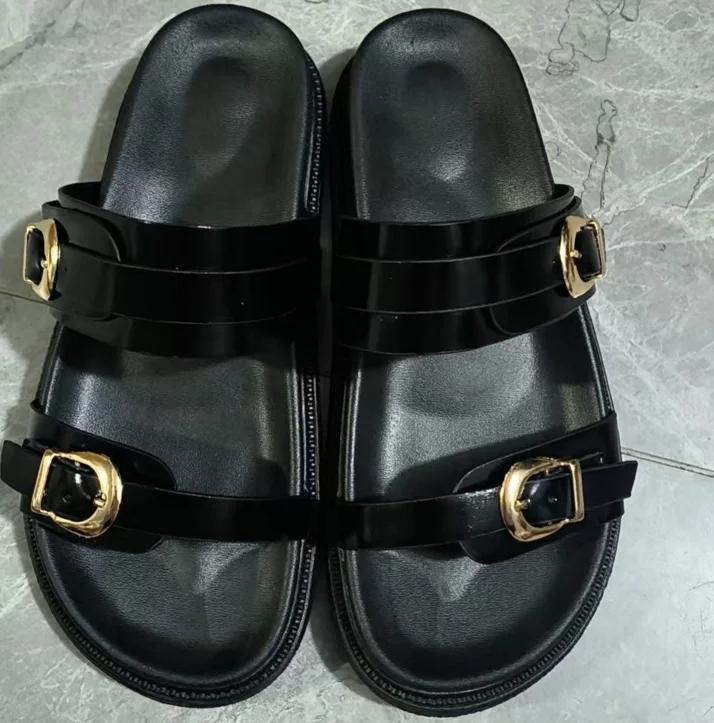 Fashion Woman Black Flat Slingback Shoes Female Summer Straps Round Toe Shoes 2025 Women's Sandals Metal Buckle Flat Sandals