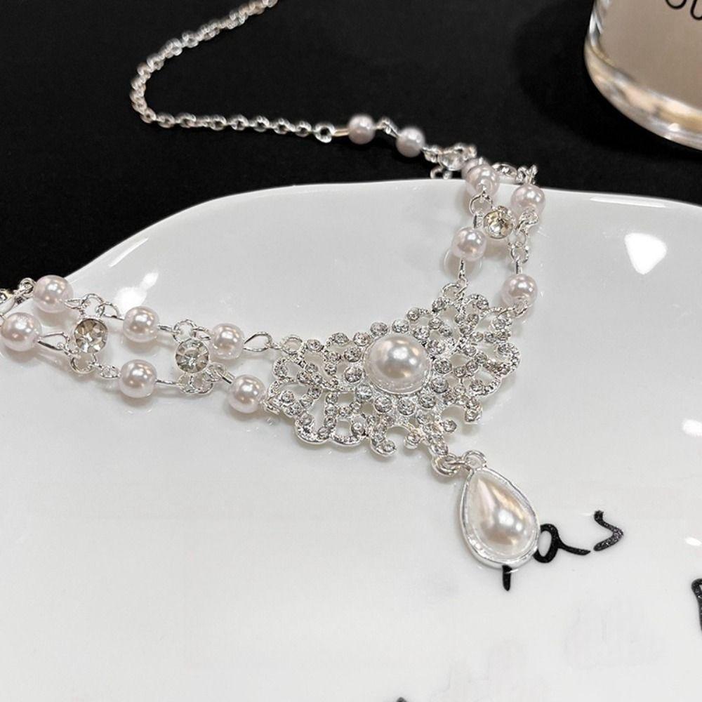 Beads Pearl Rhinestone Necklace Luxury Pearl Collarbone Chain Sweet Double Layer Necklace Gift