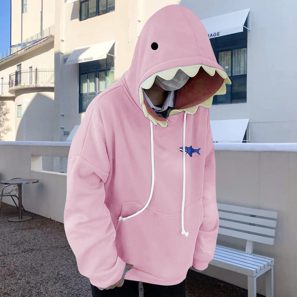 Women's Casual Loose Fit Pullover Hoodie with Shark Design Hood and Front Pocket Long Sleeve Sweatshirt for Everyday Wear