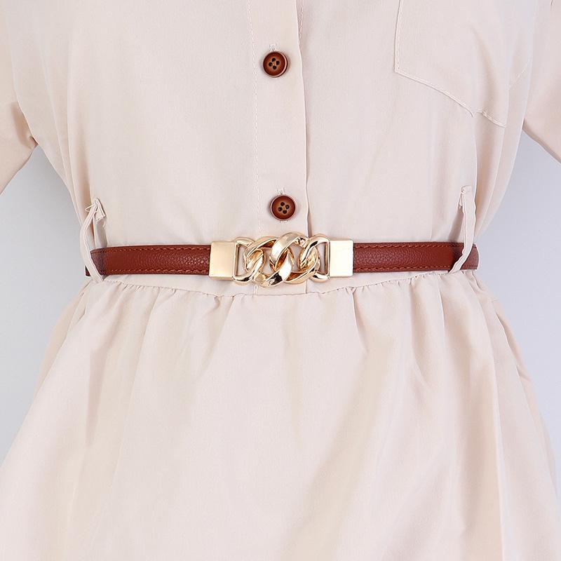 Women's Leather Decorative Buckle Pull-Through Waistband Belt for Skirts and Suits - Punch-Free Design.