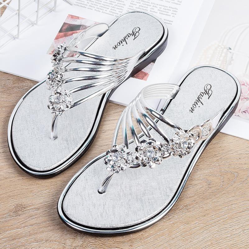 Women's Rhinestone Floral Thong Sandals - Strap Casual Summer Shoes Flip-flops Slippers