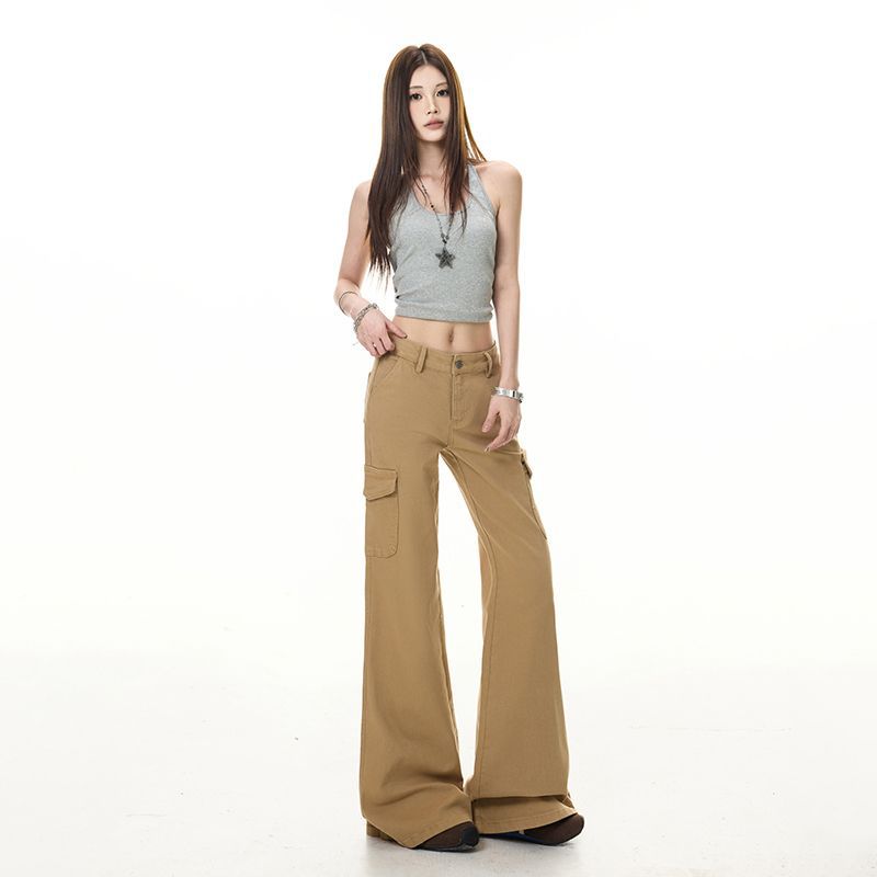 Spring Summer Classic Khaki Big Pocket Low Waist Cotton Stretch Casual Cargo Denim Pants For Ladies Casual Pants Oversize Denim Trousers