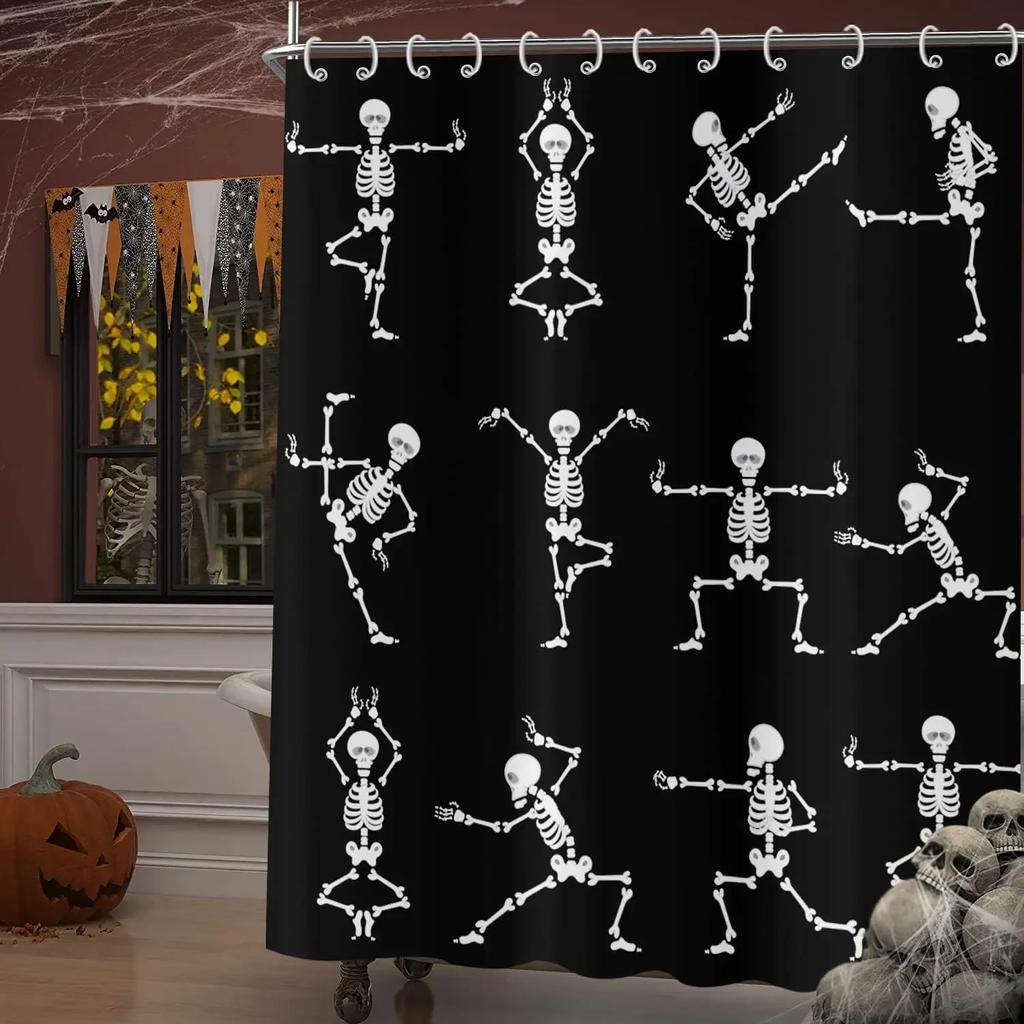 Halloween Shower Curtain, Cartoon Funny Skull Skeleton Dancing Bathroom Decor Curtains Halloween Party Retro Bath Curtain Fabric