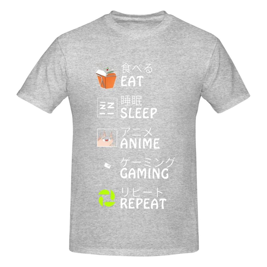 Unisex Eat Sleep Anime Gaming Repeat Funny T Shirt Vintage Cotton Crewneck Tshirts