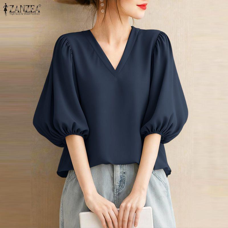 ZANZEA Women Casual V-Neck 3/4 Sleeve Loose Blouse