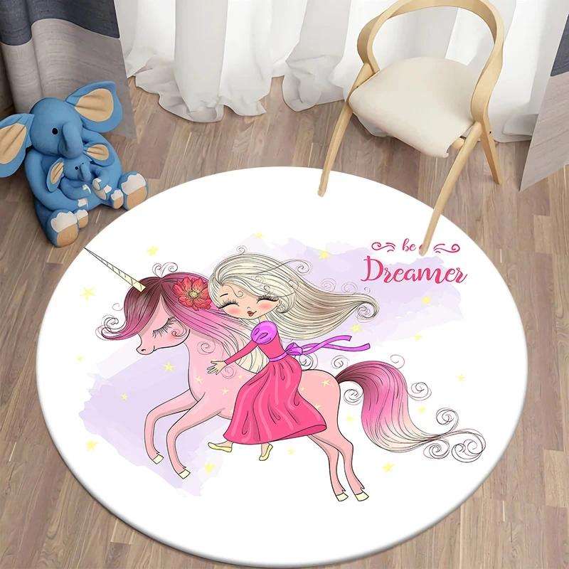 Ballet Dancer Girl Round Carpet Cute Cartoon Animal Fairy Print Area Rug For Bedroom Living Room Decor Non-Slip Play Floor Mat