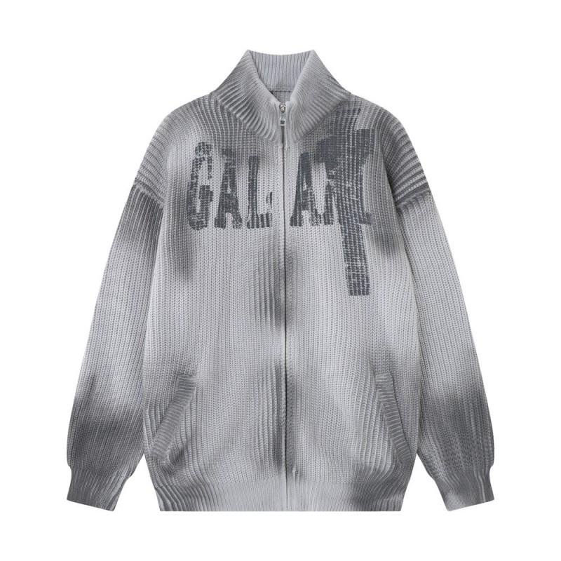 Mens Oversized Stand Collar Knit Cardigan With Distressed Tie-Dye Effect Streetwear Winter Sweater