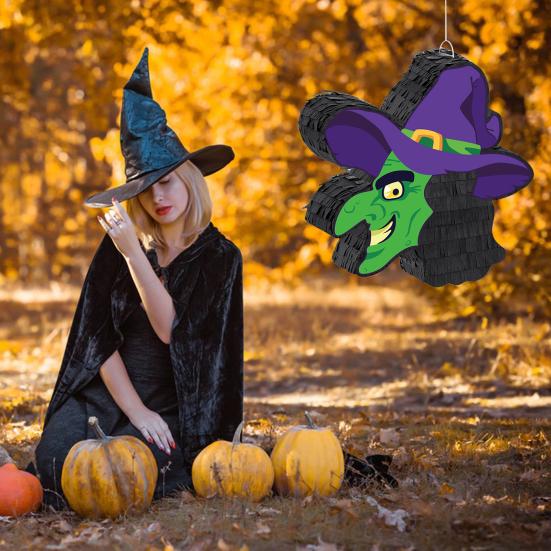Halloween Hexen Piñata Gruseliger Hexenkopf Piñata mit Stock und Augenbinde für Halloween Themenpartys Veranstaltungen