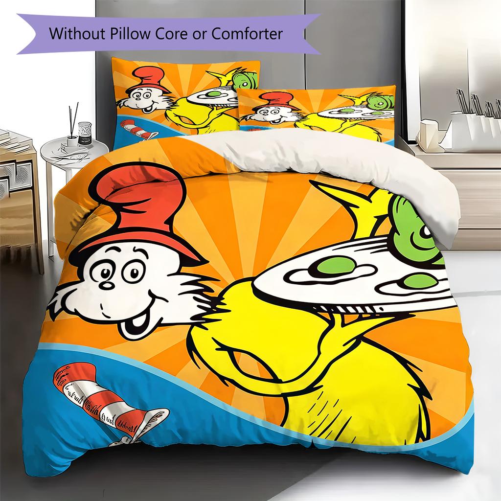 Green Eggs and Ham Pattern Bedding,Quilt Set Quilt Cover Pillowcase Home Birthday Gift (1 * duvet cover + 2 * pillowcase, without core)