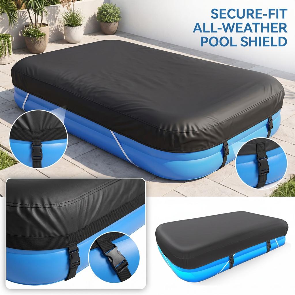 Aufblasbare Poolabdeckung für oberirdische Pools, 3 Größen - Rechteckiges Design für aufblasbare Schwimmbecken, Vollständige Abdeckung mit elastischen Gurten und Schnallen