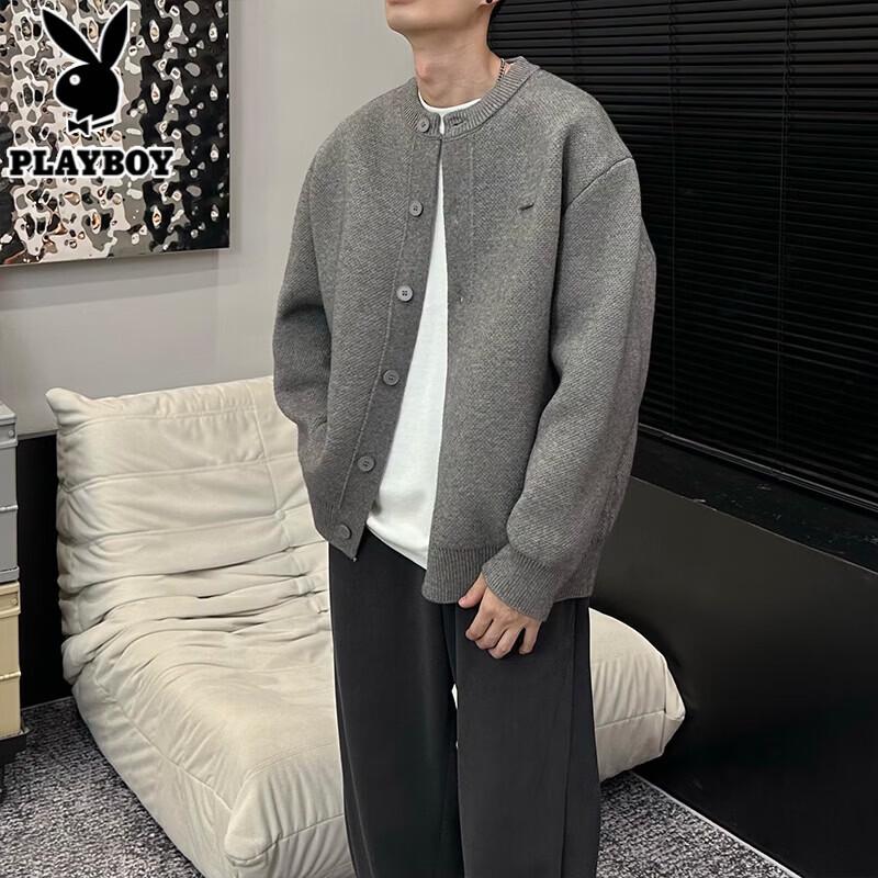 PLAYBOY Unisex Chunky Knit Baseball Collar Cardigan Sweater