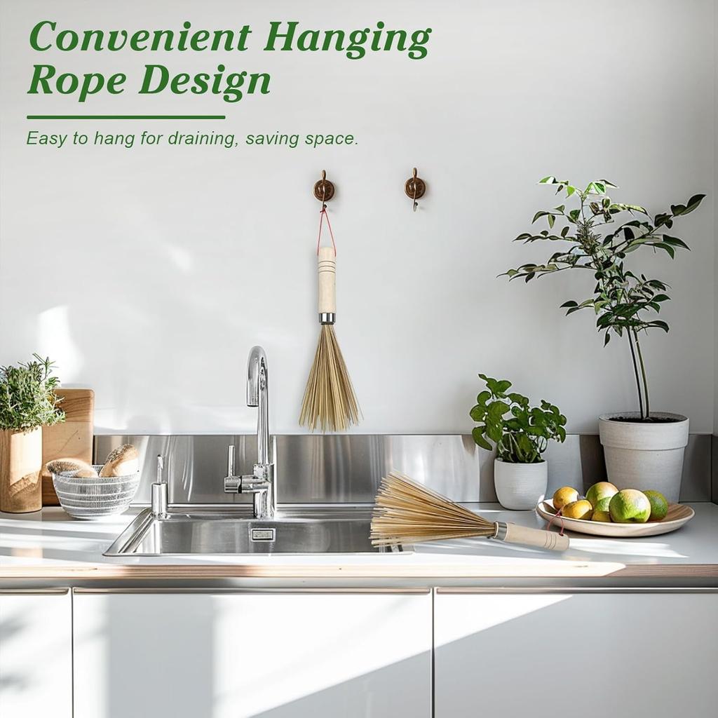 Natural Bamboo Pot Brush for Kitchen Cleaning – Eco-Friendly Scrub Brush for Pots, Pans, Woks, and Jars – 2 Pcs with Hanging Design