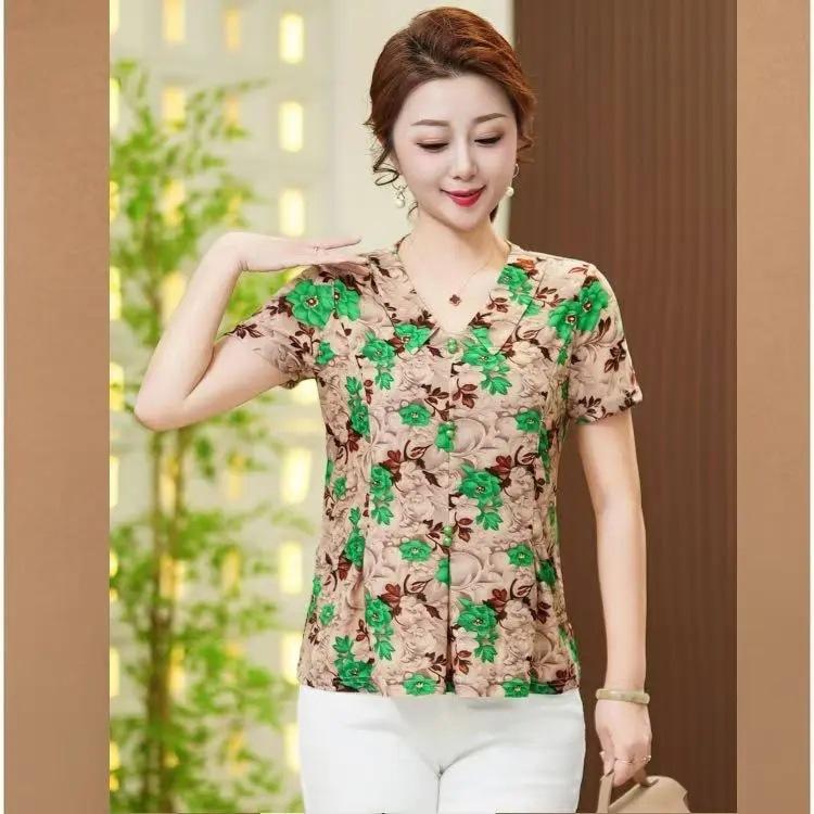 Summer Women's Blouse Lapel Neck Button Printed Ventilate All-match Elegant Loose Comfortable Three Quarter Tops