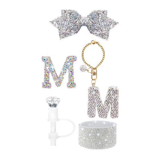 5Pcs Rhinestone Straw Cover Set for Water Bottles Silicone Boot Sticker Letter Charms