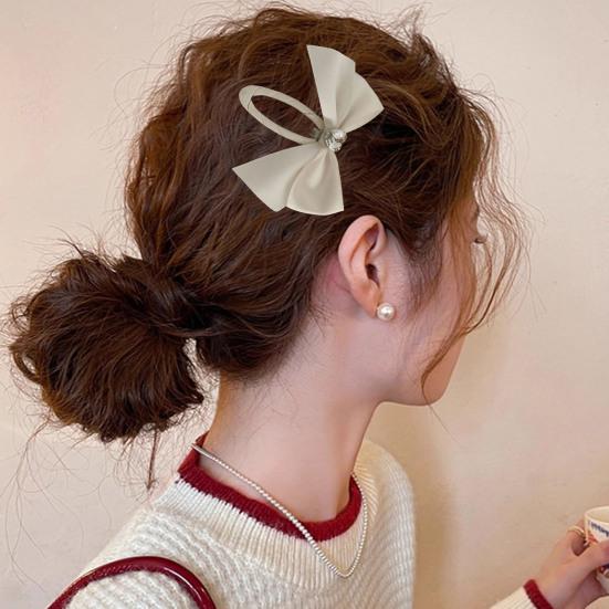 Women Hairpin Smooth Edges Smooth Satin Ribbon Bow Sparkling Rhinestone Rounded BB Clip Hair Accessory
