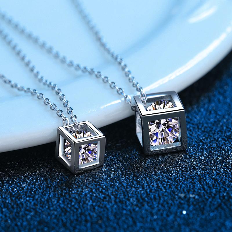 Square Hollow Cube Pendant Moissanite Necklace Silver Vvs Lab Diamond Necklace For Women Girls Gift Fine Jewelry