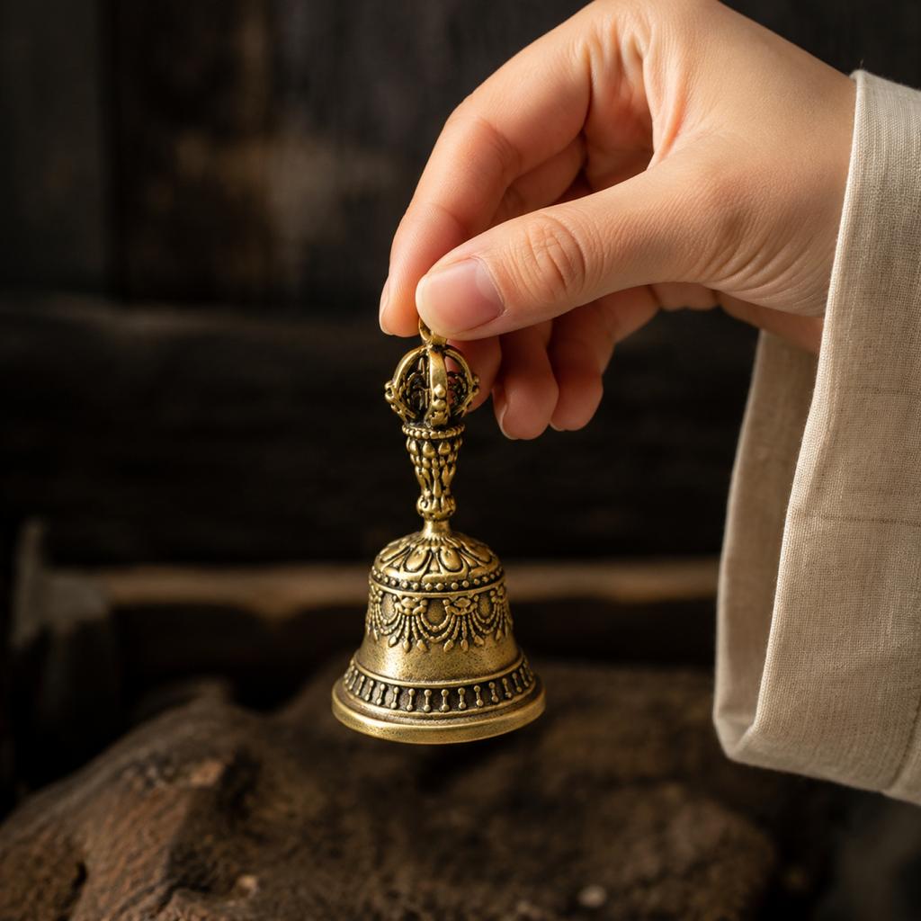 Sino Decorativo de Mão com Cabo Intricadamente Esculpido e Superfície Detalhada Padrão Adequado para Uso Doméstico e Espiritual