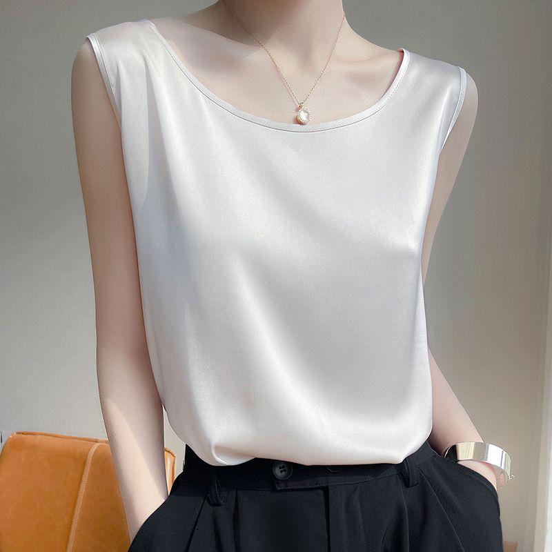 Women's Loose Silk Camisole Vest - Sleeveless Satin Round Neck Top for Summer