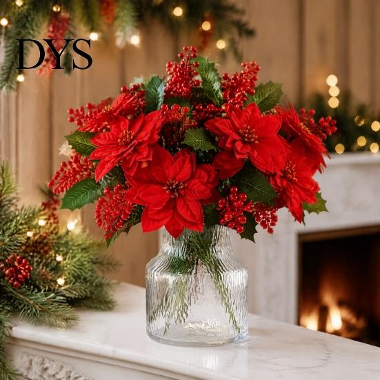 Indoor Holiday Ornament for Mantel Artificial Poinsettia Flowers, Christmas Red Bouquet with Berries, Faux Silk Maintenance Free Plant Decor