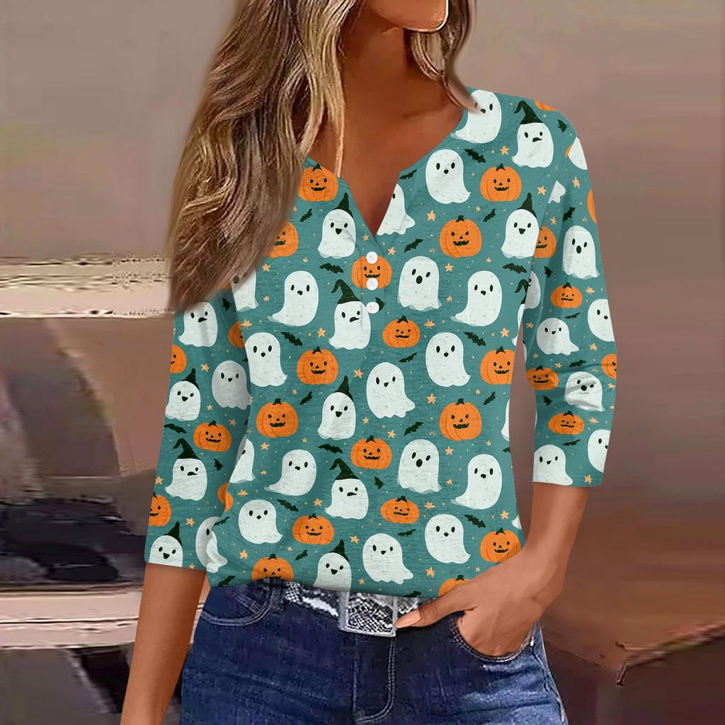 Lady's fashionable casual V-neck buttoned Halloween print three-quarter sleeve