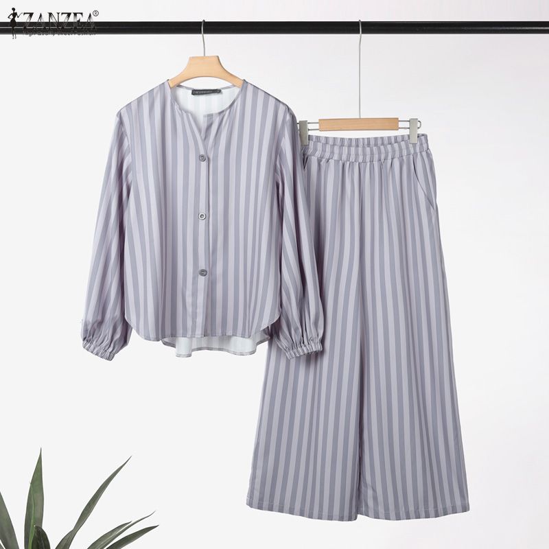 ZANZEA Bluză cu mânecă lungă și pantaloni Costum casual cu două piese cu dungi