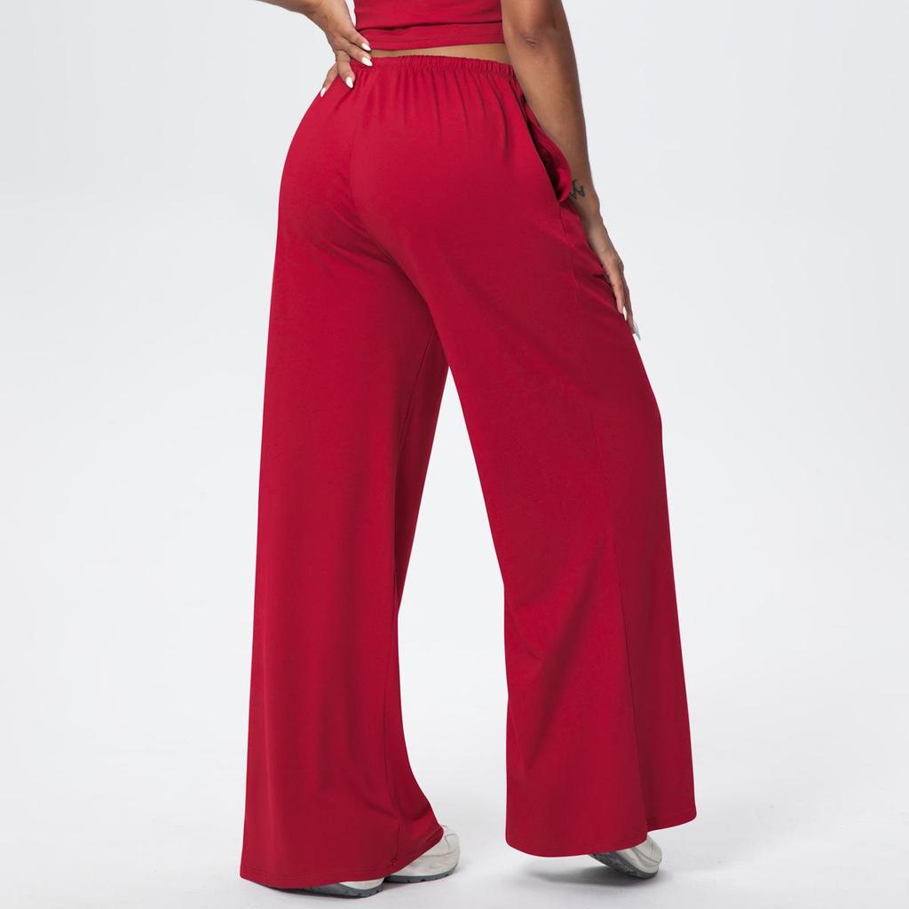 Women's Wide-Leg Brushed Fleece Pants with Drape Pockets and Elastic Drawstring