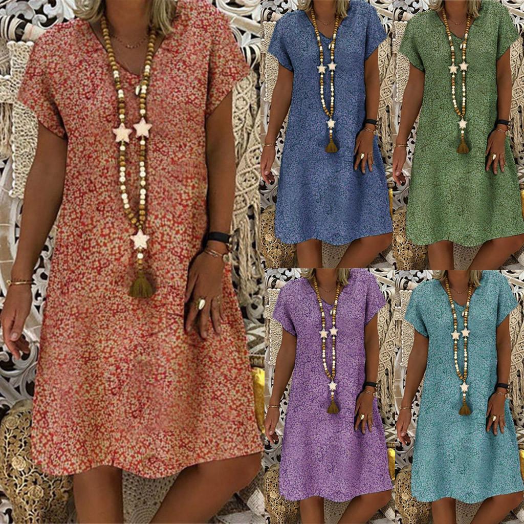 

Женское повседневное летнее платье-футболка с v-образным вырезом и коротким рукавом с цветочным принтом, мини-платье