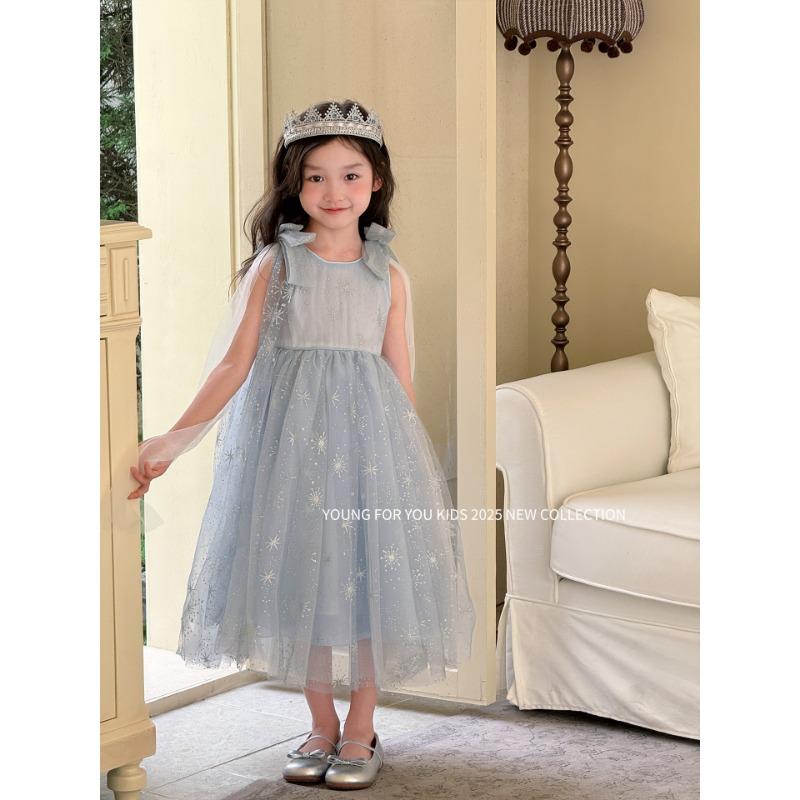 Kids Girls Short Sleeve Elsa Princess Bow Tulle Long Birthday Party Dress
